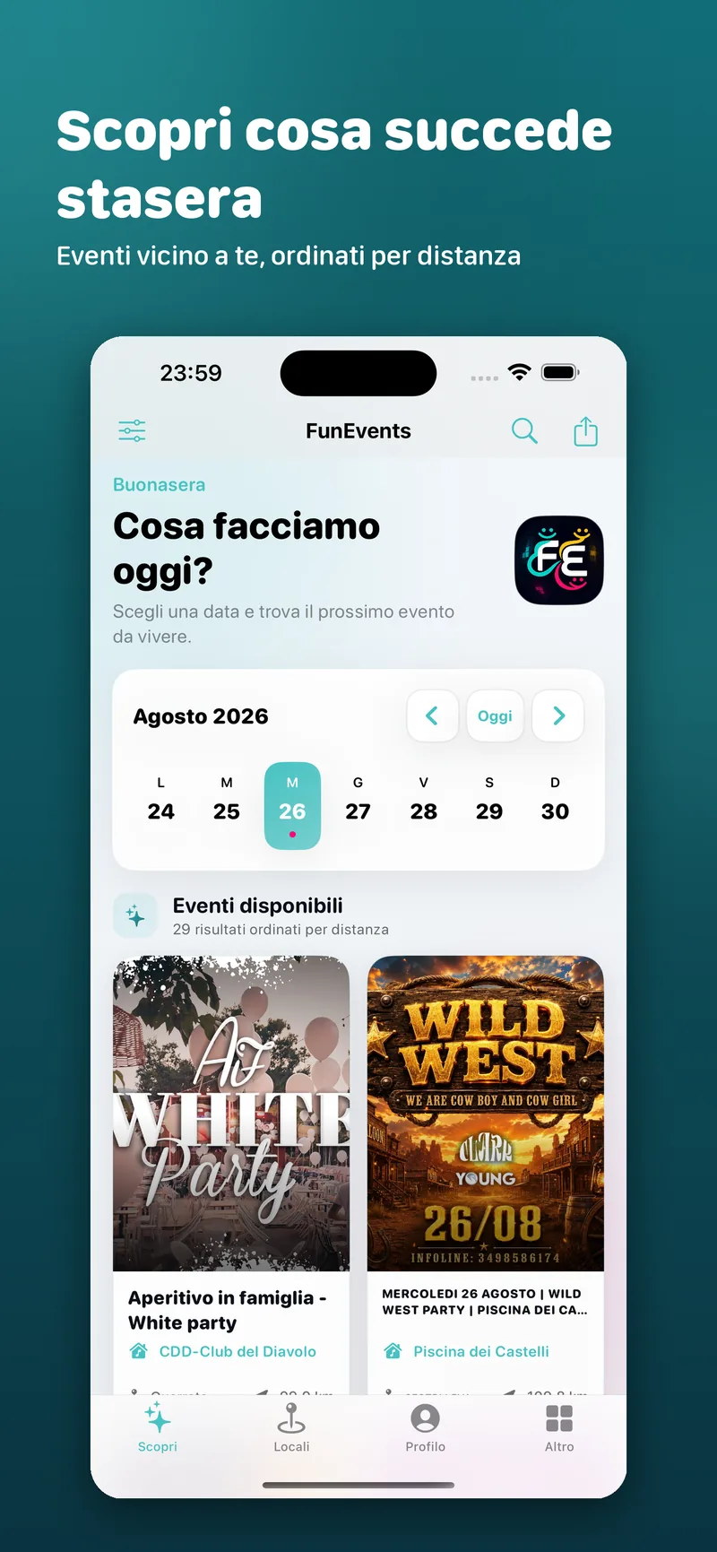 Schermata FunEvents: Scopri